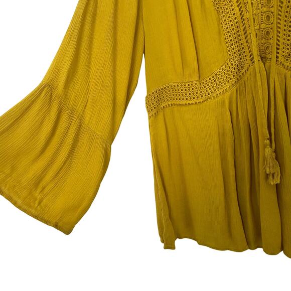 Torrid Blouse 2X Mustard Yellow Crochet Corset Style Neckline Bohemian Fall Top - Picture 4 of 7